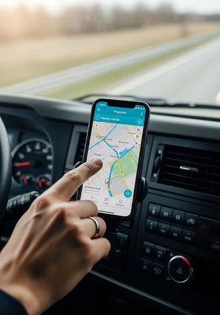 Hand holding phone with map on screen, in-car dashboard and road visible in background, navigation...