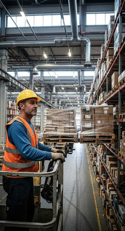 Man in hard hat and vest drives forklift through warehouse aisle with shelving and pallets
