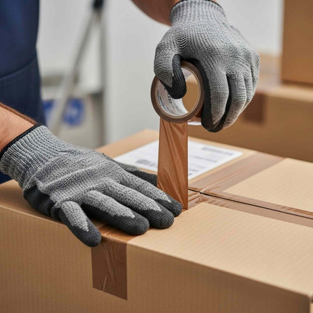 A person wearing gloves is taping a cardboard box in a warehouse or storage facility setting.