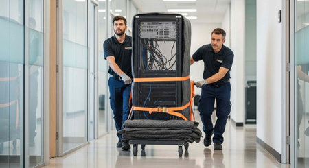 Two men in uniform moving a large appliance down a modern office hallway with care and precision.