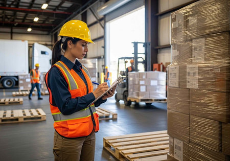 A woman in a warehouse wearing a yellow hard hat and orange safety vest checks inventory on a...