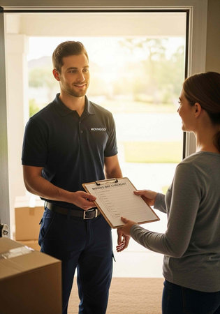 A delivery man and woman exchanging a clipboard in a room with a large window and boxes