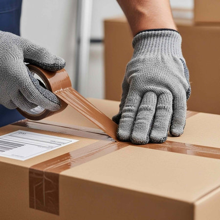A person wearing gloves is taping a cardboard box in a warehouse or office setting for shipping or storageの写真素材