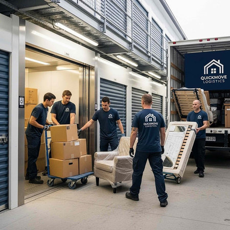 A team of professional movers in uniform transporting boxes and furniture into a storage unit with a...