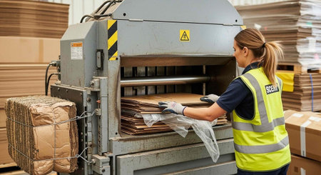 A woman in a warehouse operating a cardboard compactor with safety gear