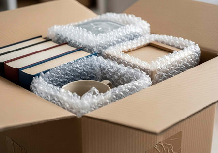 A cardboard box with bubble wrap and fragile items inside for safe shipping and storage