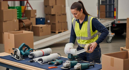 A woman in a warehouse preparing tools for a project with boxes and equipment around her.