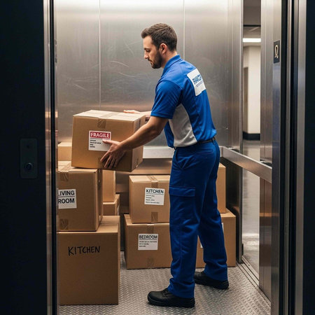 A man in a blue uniform is moving boxes in an elevator.
