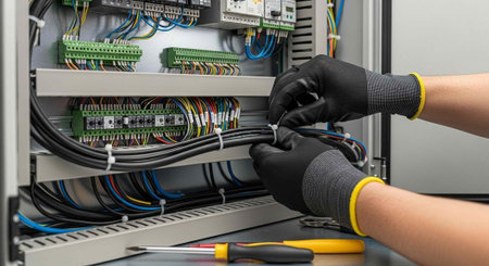 A person wearing gloves working with wires and tools in an electrical panel
