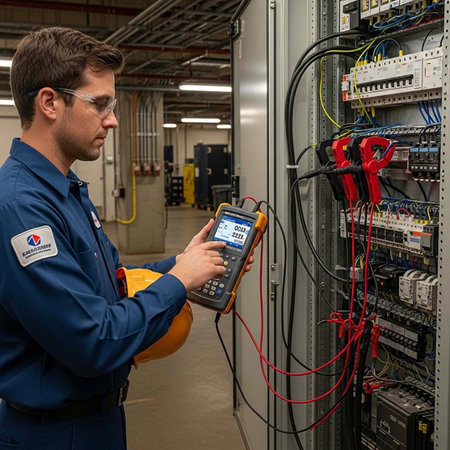 A technician in a blue uniform uses a digital tool to inspect an electrical panel in an industrial...