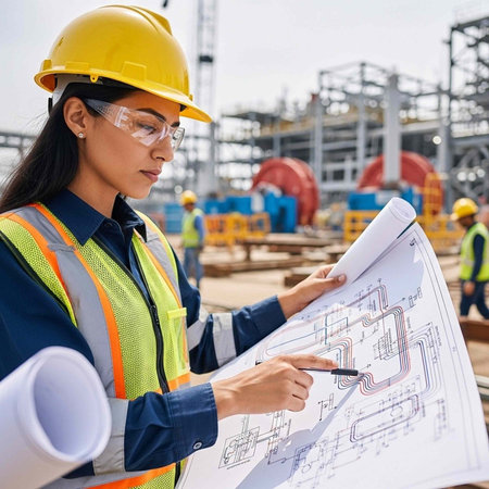 A female engineer in a hard hat and safety vest reviews construction plans at a building site