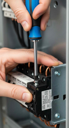 A person using a screwdriver to install an electrical component in a metal enclosure