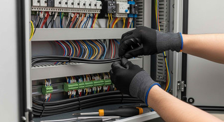 A person wearing gloves working with electrical wires in a complex control panel system