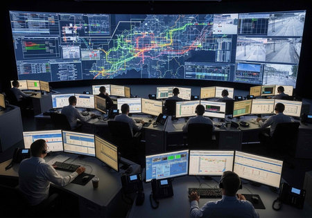 A team of professionals working in a modern control room with multiple computer screens and a large...