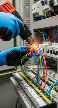 A skilled electrician wearing protective gloves soldering colorful wires in an electrical panel with...