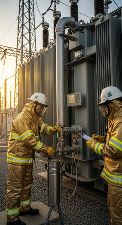 Two workers in safety gear inspect and operate a large electrical transformer at a power station