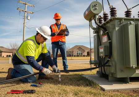 Two workers in safety gear inspecting and maintaining a large electrical transformer outdoors