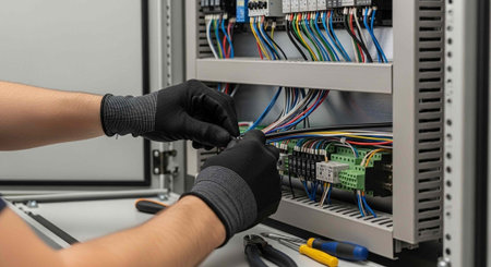 A person wearing gloves working on a complex electrical panel with various colored wires and tools