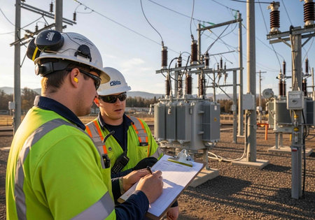 Two workers in high-visibility jackets and hard hats inspect equipment at an electrical substation...