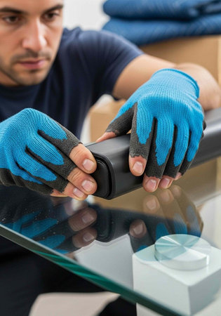 Man in blue gloves handling glass table with black frame and white base in workshop