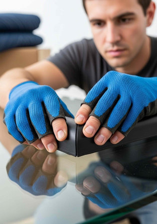 A man wearing blue gloves is carefully handling a black object on a reflective surface in a workshop