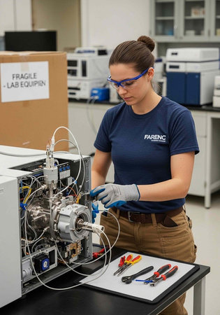 A woman in a lab setting working on a piece of equipment with tools and machinery around her.