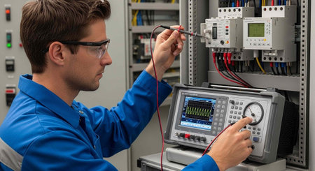 A technician in a blue uniform working with electronic equipment in an industrial setting.