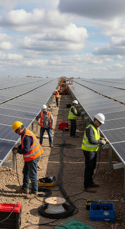 Workers in safety gear installing and maintaining large solar panels in a vast field under a cloudy...