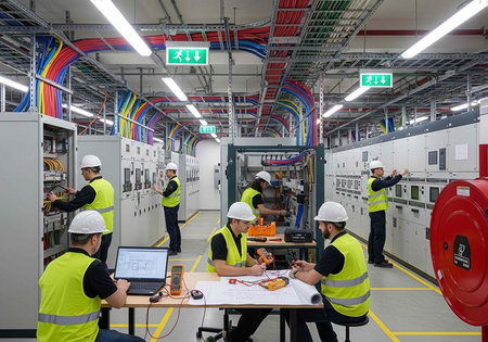 A group of workers in high-visibility vests and hard hats work together in an industrial facility...