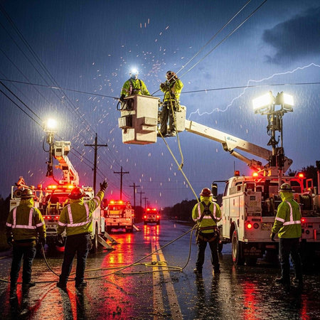 Utility workers in high-visibility gear repair power lines during a stormy night with heavy rain and...