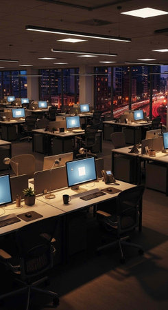 A modern office space with multiple workstations and computers in a city at night