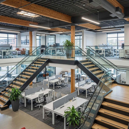 A modern office space with a spacious open floor plan and a staircase leading to a mezzanine level