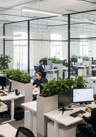 A modern office space with employees working at white desks surrounded by green plants and glass...