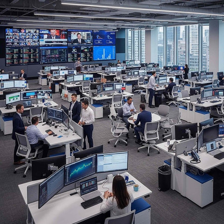 A bustling office space filled with professionals working at computer stations in a modern business...