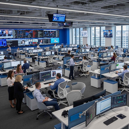 A bustling office space filled with people working at computer desks in a modern corporate...