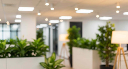 A modern office space with lush green plants and sleek lighting fixtures in a blurred backgroundの写真素材