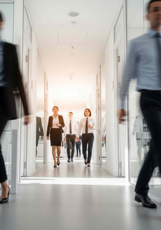 Business professionals walking down a modern office hallway with natural lightの写真素材
