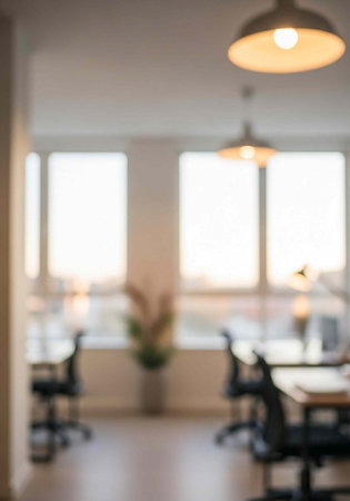 A blurred view of a modern office space with tables and chairs in front of large windows