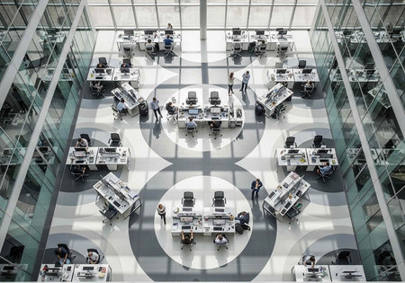 A large, modern office space with many desks and people working together in a collaborative...