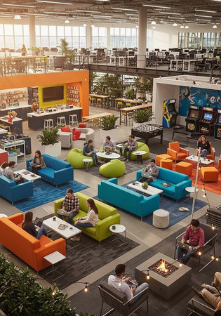 A modern office space with a large open area featuring colorful furniture and a fire pit