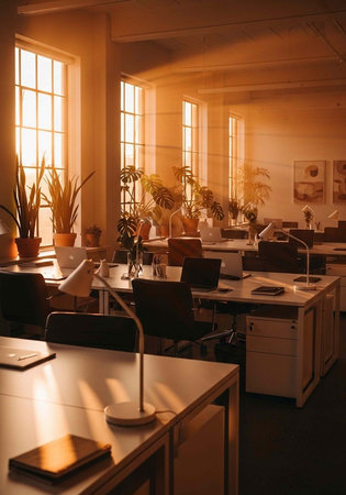 A modern office space with desks and chairs bathed in warm sunlight from large windowsの写真素材