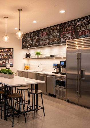 A modern office kitchen with a large refrigerator and a table with stools