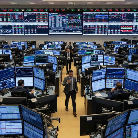 A bustling stock exchange trading floor with numerous computer screens and suited professionals...