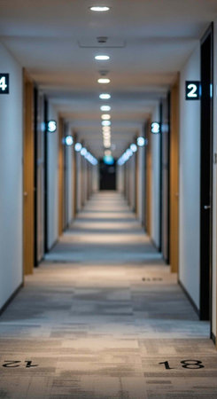 A long, empty hotel corridor with numbered doors and bright overhead lighting