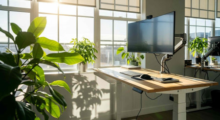 A modern office workspace with a computer monitor and plants near a sunny window