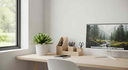 A modern home office setup with a computer monitor and a potted plant on a wooden desk