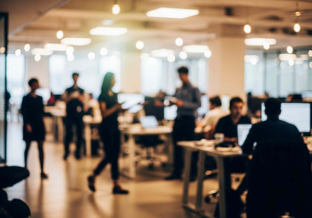 A bustling office space with people working at desks and walking around