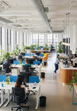 A modern office space with employees working at desks surrounded by plants and natural light