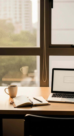 A modern workspace with a laptop, notebook, and coffee cup on a desk by a window overlooking the...