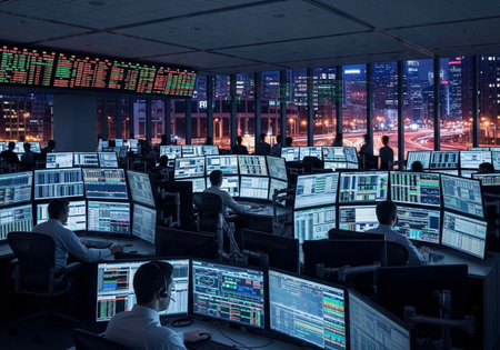 A group of people working on computers in a modern office with a city view at night